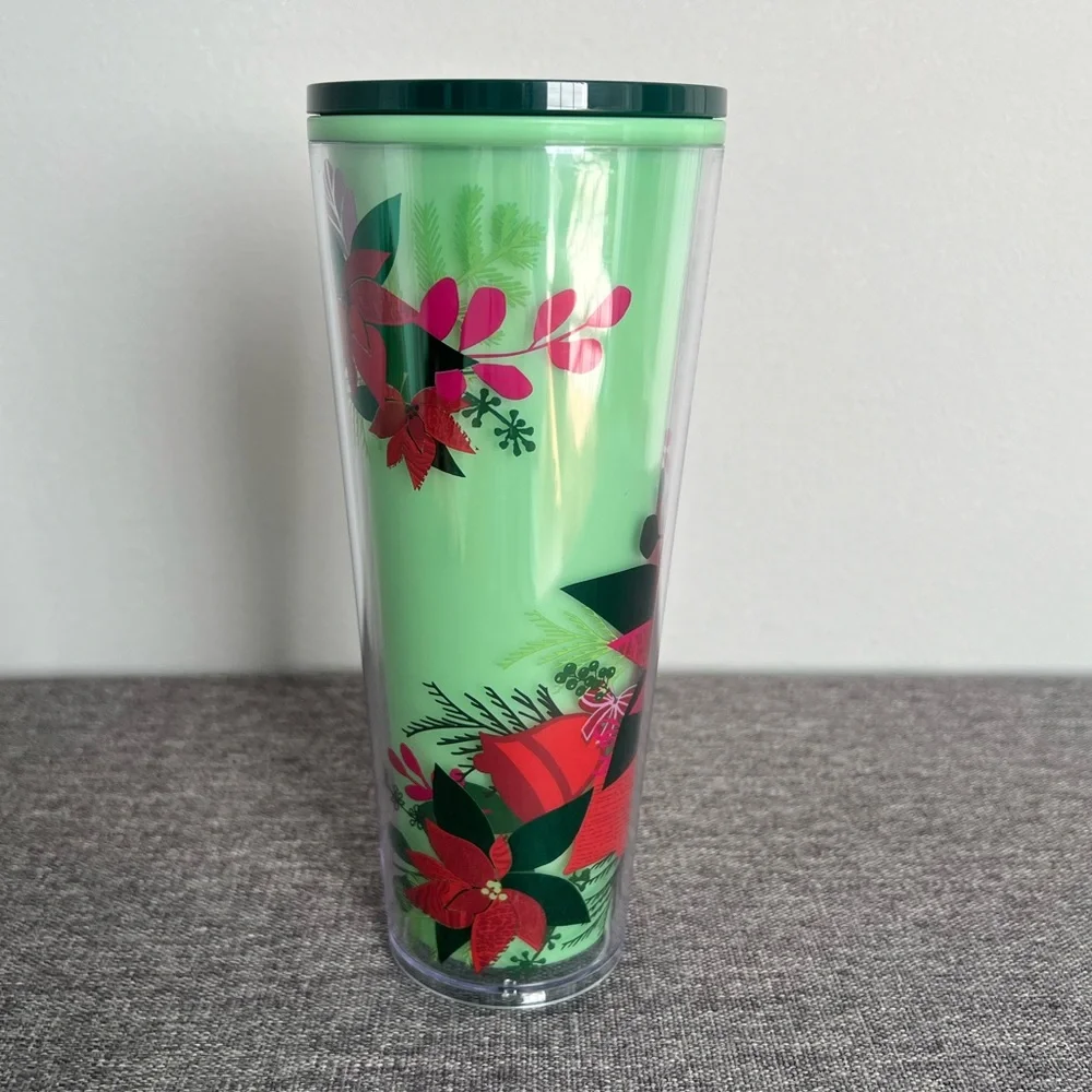 Starbucks Green Red Poinsettia Cold Tumbler 2021 Color Changing Holiday NO STRAW